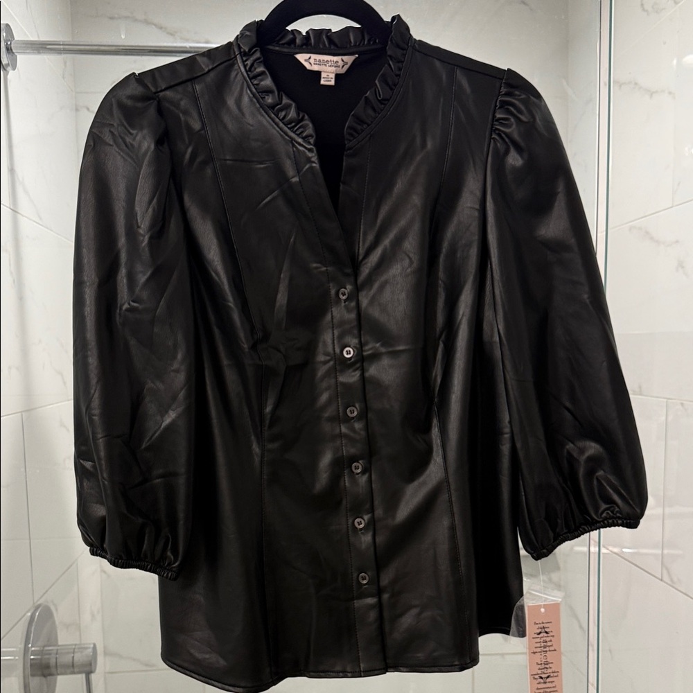 Nanette Lepore Black Puff Sleeve Button Down Top: